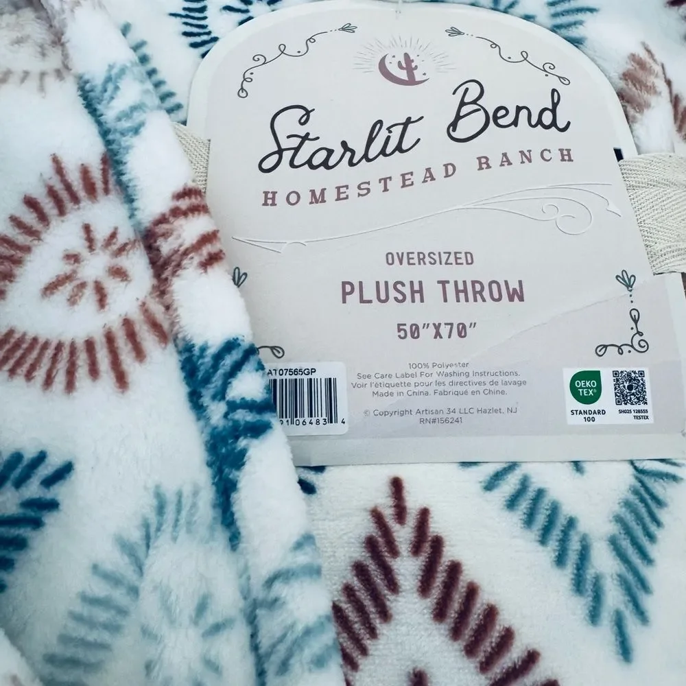 Boho Plush Western Brown Blue Print Oversize Throw Blanket